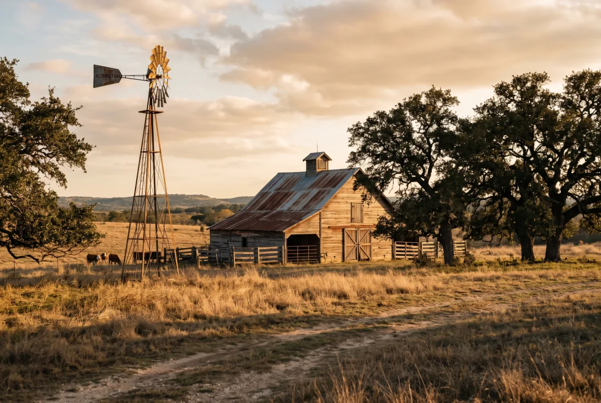 Texas barn and windmill at golden hour
